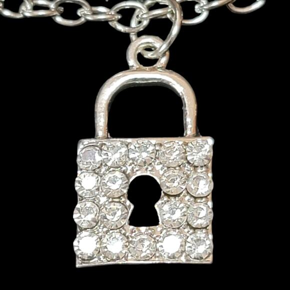 Rhinestone Necklace Earrings Set 4 Pc Lock I Love You Silver Tone Jewelry Gift - Picture 3 of 5